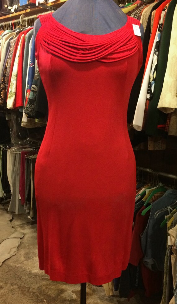 Vintage 1960s Sleeveless Red Dress - Ponte Knit J… - image 1