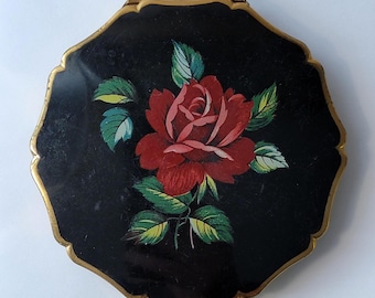 Vintage STRATTON - "Princess" Convertible Powder Compact - Red Rose on Black Enamel 1965-75