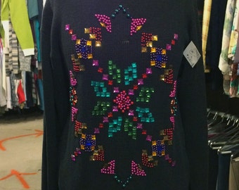 Black and Multicolored Snowflake Vintage Beaded Gem Sweater