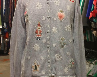 Erika Winter Themed Christmas Cardigan with Faux Fur Collar