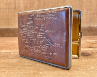 Vintage 1940s Embossed Leather and Metal Cigarette Case Featuring Map of Southern Germany