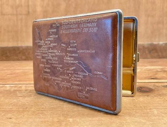 Vintage 1940s Embossed Leather and Metal Cigarette Case Ft. Map of