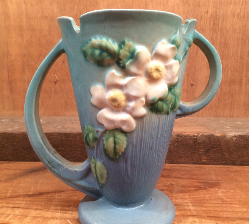 Vintage Roseville Pottery Blue White Rose Relief Asymmetrical Etsy