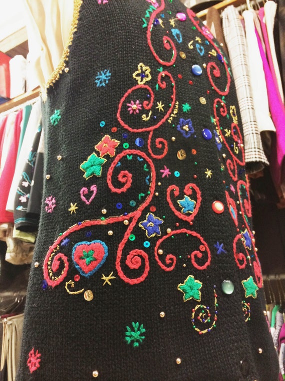 Vintage Embroidered and Beaded Holiday Sweater Ve… - image 3