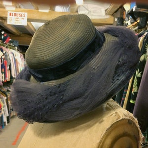 Vintage Straw and Tulle Hat with Velvet Band by Andrea Fashions -