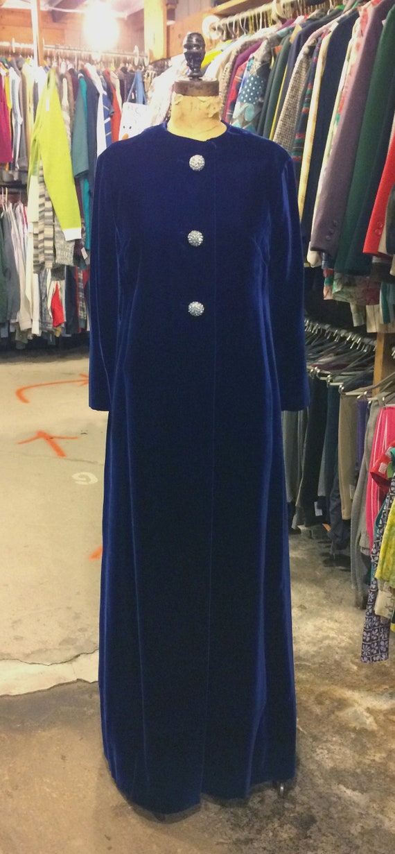 1960s Full Length Royal Blue Velvet Coat with Rhin
