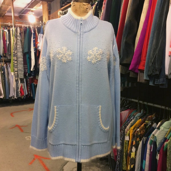 Blue Knitted and Pearl Snowflake Zip-Up Cardigan with White Angora Trim by Quacker Factory