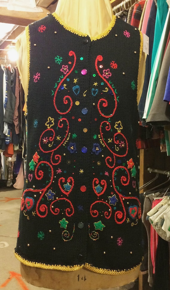 Vintage Embroidered and Beaded Holiday Sweater Ve… - image 1