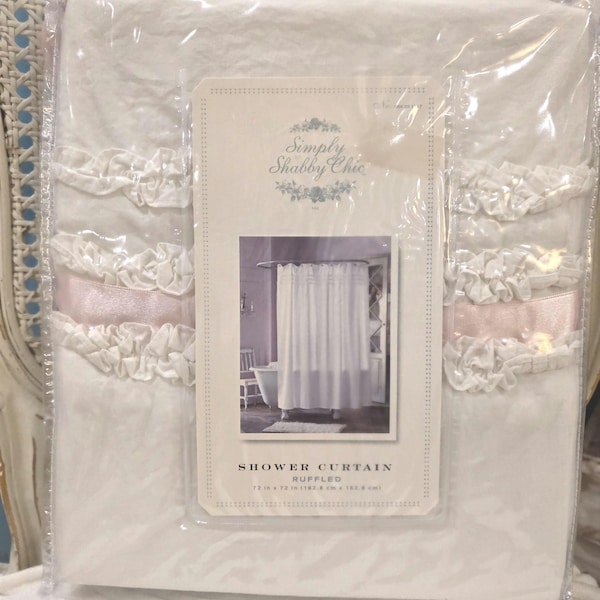 NOS rare simple shabby chic white ruffles shower curtain Rachel ashwell cotton bathroom window