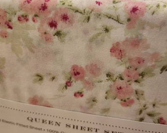 New Shabby Chic queen pink white floral sheet set two matching pillowcases cotton rachel ashwell holiday Christmas gift