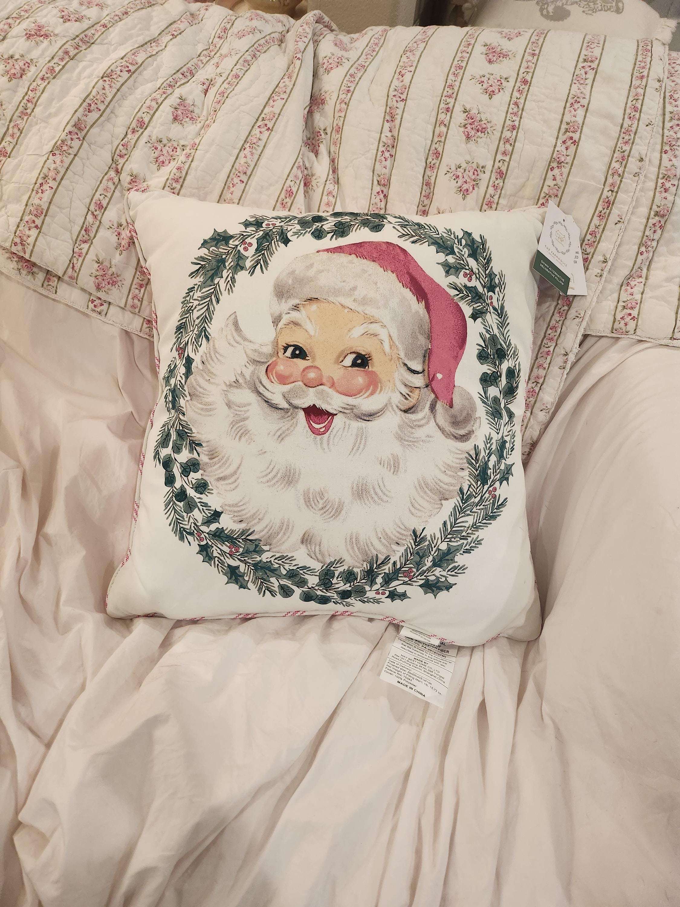 Pink Stripped Santa Rachel Ashwell Farmhouse Christmas Pillow