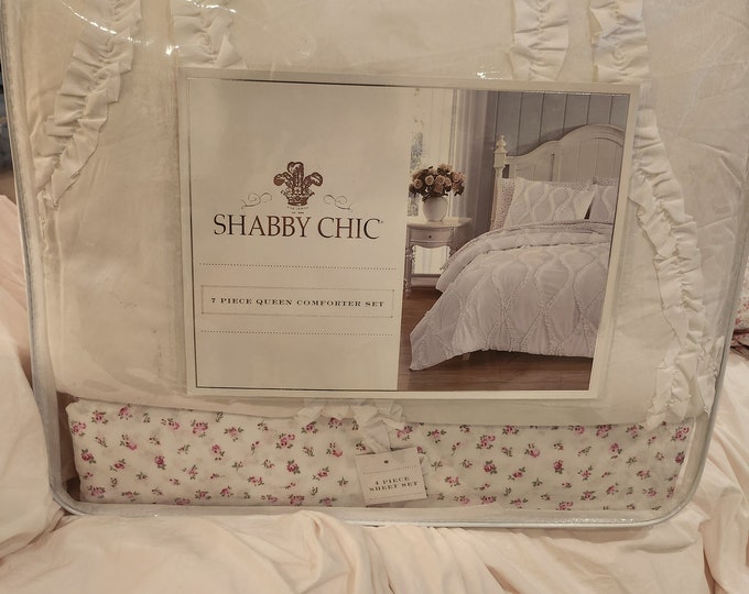 Shabby Chic Queen Size Seven Piece Comforter Sheet Set White Floral