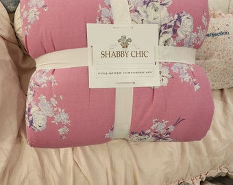 Shabby chic PINK reversible queen size comforter set two ruffle shams rachel ashwell blanket throw cozy