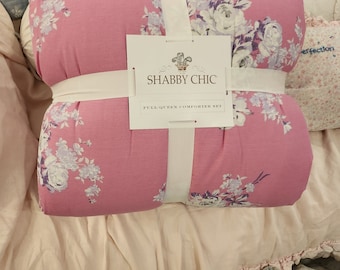 Shabby chic PINK reversible queen size comforter set two ruffle shams rachel ashwell blanket throw cozy floral flowers