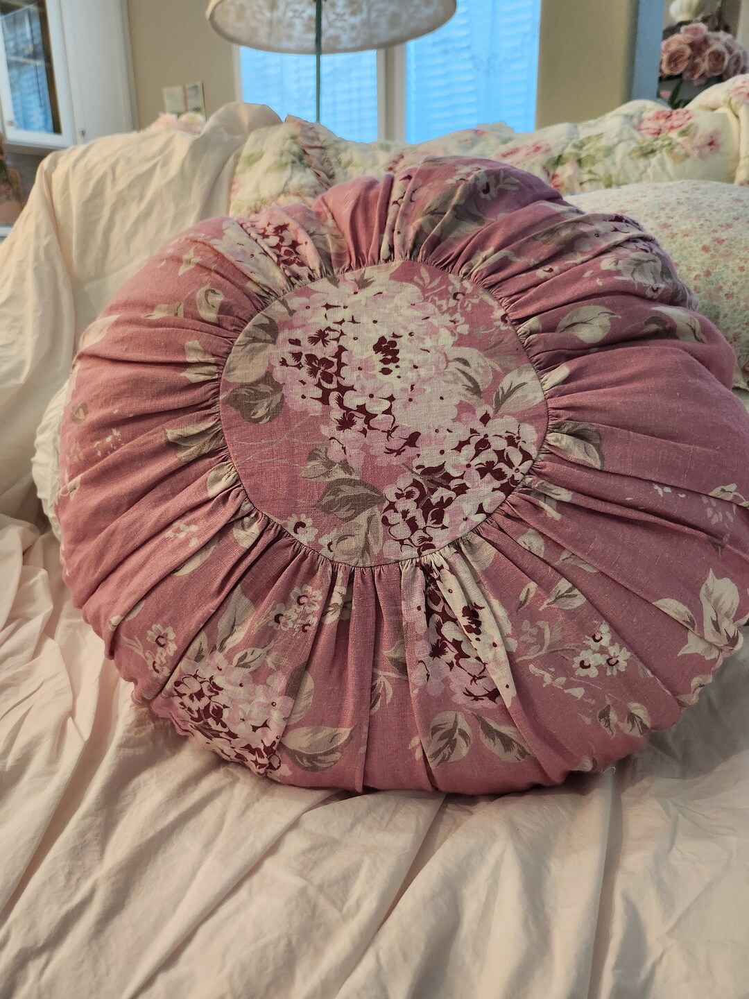 Linen Rachel Ashwell Round Pillow Rasberry Shabby Chic Farmhouse ...