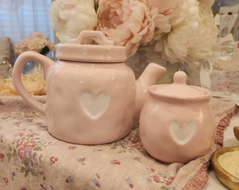 Ceramic pink heart teapot with lid sugar bowl included Valentines day holiday pretty