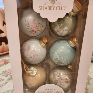 Rare Set six glass shabby chic rachel ashwell Christmas ornaments pink roses floral flowers velvet holiday tree