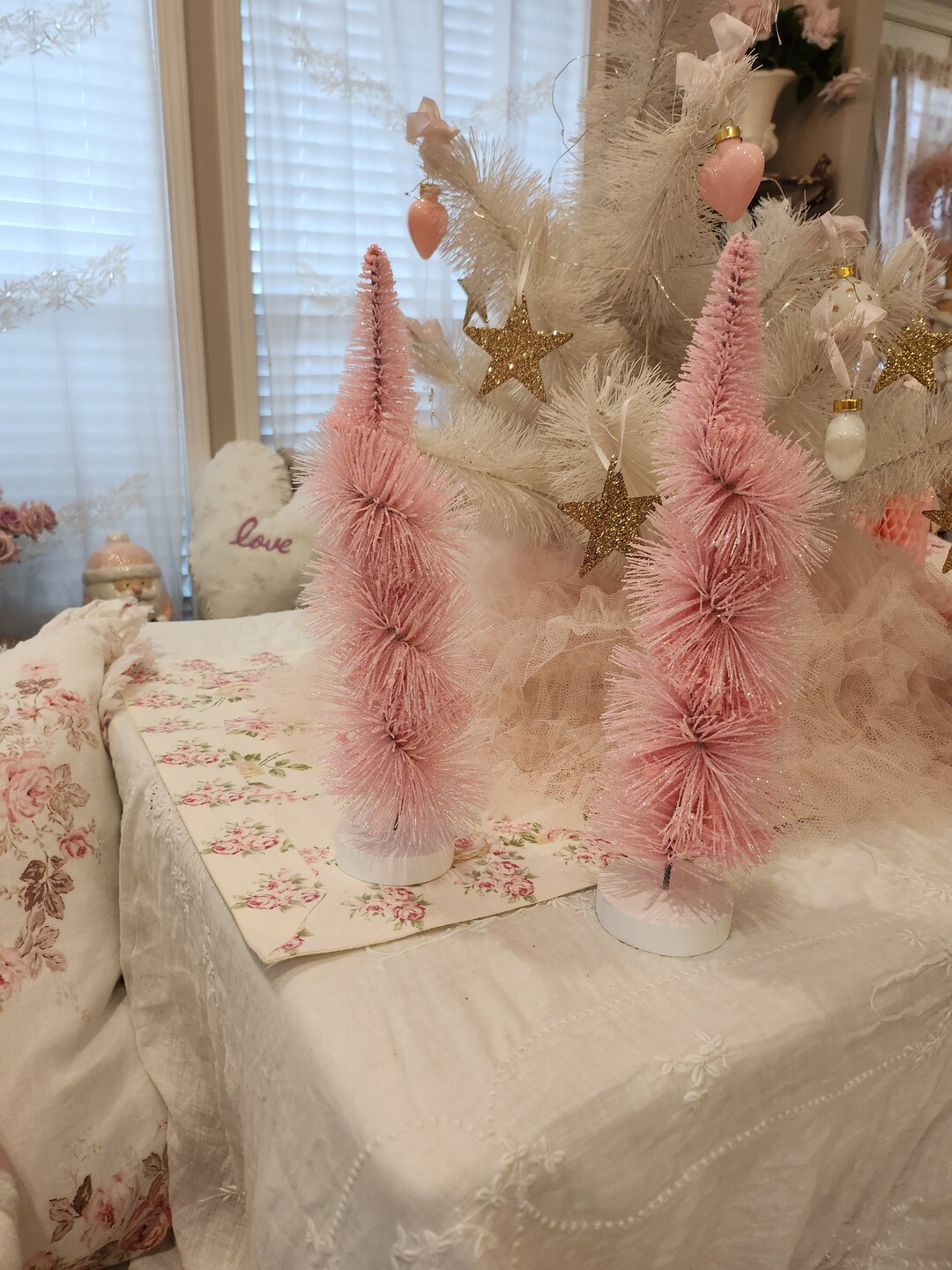 Two New Pink Bottlebrush Christmas Trees Holiday Glitter Winter Etsy