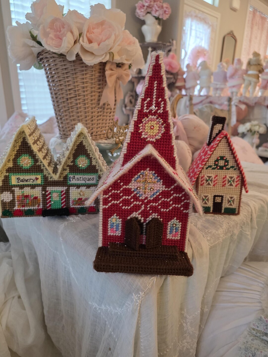 Handmade Buildings Set Three Vintage Handmade Buildings Church Library House Antiques ...