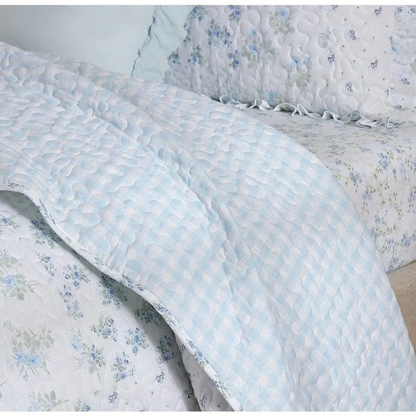 New king lightweight shabby chic blue floral reversible quilt rachel ashwell farmhouse cottage chic spring shams ruffles roses gingham check