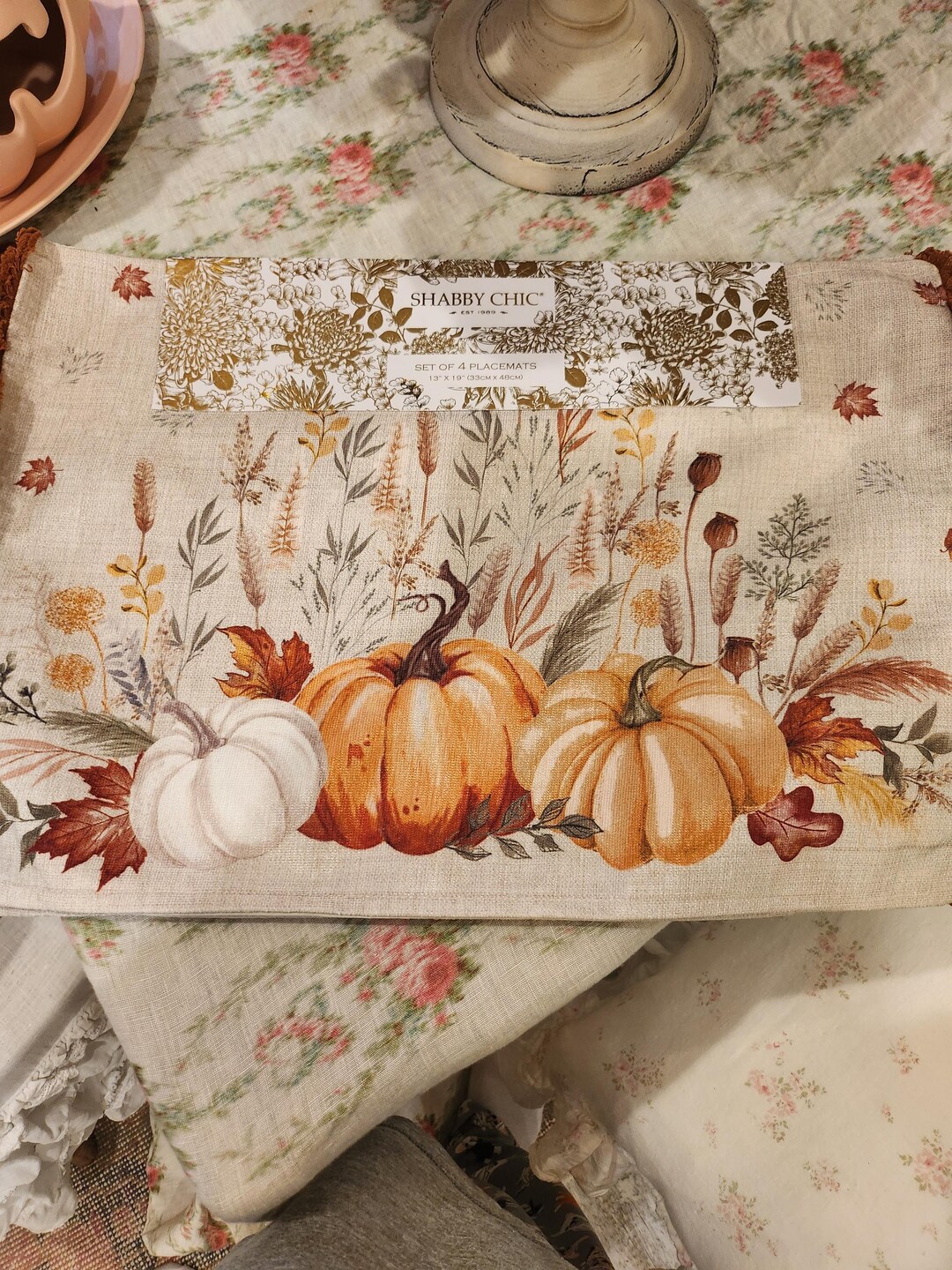 New Set Four Shabby Chic Fall Holiday Placemats Rachel Ashwell Pumpkin ...