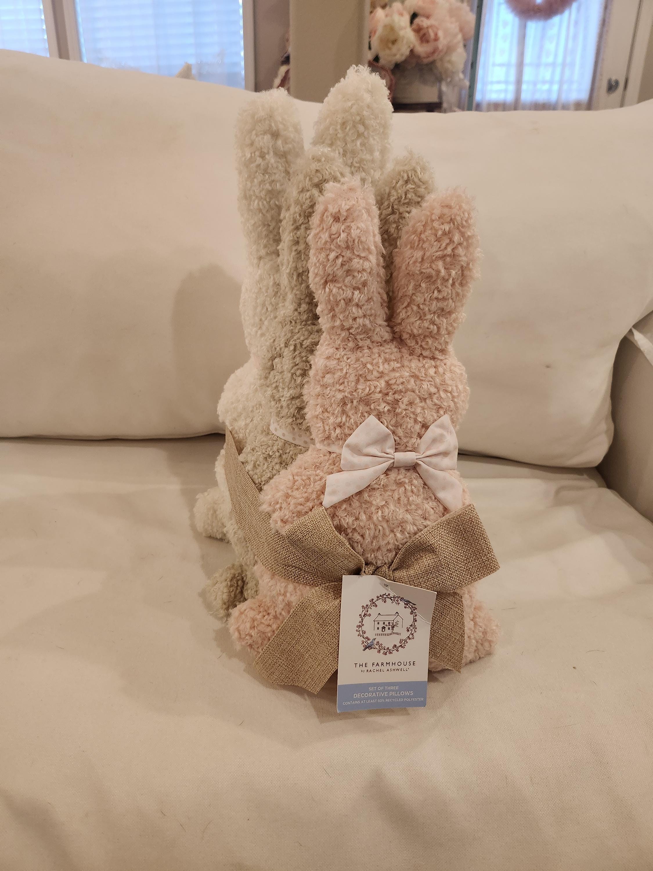 New set three soft rachel ashwell bunnies ribbon pink cream gray easter spring holiday shabby chic stuffed pillows