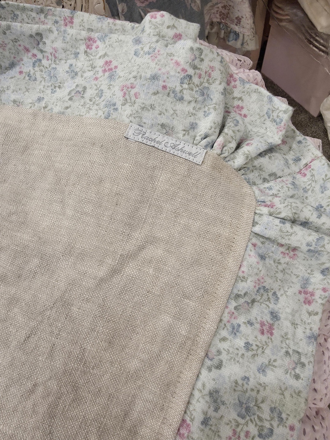 Rachel Ashwell Tablerunner Linen Teal Flowers Ditsy Floral Shabby Chic ...
