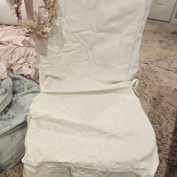 New Rare vintage antique white Ivory cream Simple Shabby Chic damask chair slip cover rachel ashwell farmhouse cottage chic