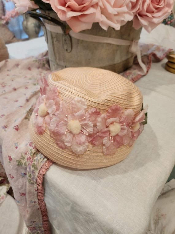 Vintage pink hat millinery velvet bow shabby