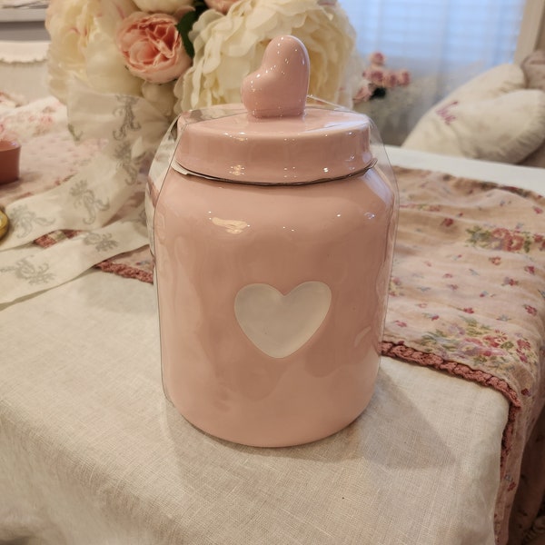 New pastel pink heart ceramic cookie jar Valentines day holiday everyday kitchen bathroom gift