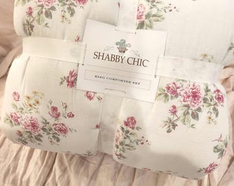 Shabby Chic King Comforter Set: White Pink Floral Roses, Reversible