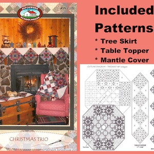 May include: A digital pattern for a Christmas trio quilt set, including a tree skirt, table topper, and mantle cover. The pattern features a traditional patchwork design with a red, white, and blue colour scheme. The image shows a fireplace with a mantle decorated with the quilt set.