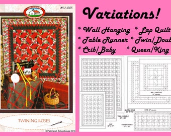 Twining Roses Quilt Pattern: Wall Hanging, Table Runner, Crib/Baby, Lap/Twin, Double, Queen/King Quilt with Template-Patchwork PDF Download