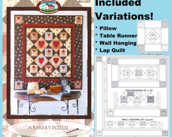 Quilt Pattern A Baker's Dozen: Holiday or Christmas Pattern or Gift-Applique Heart and Gingerbread Man-Pillow/Table Runner/Wall Hanging/Lap