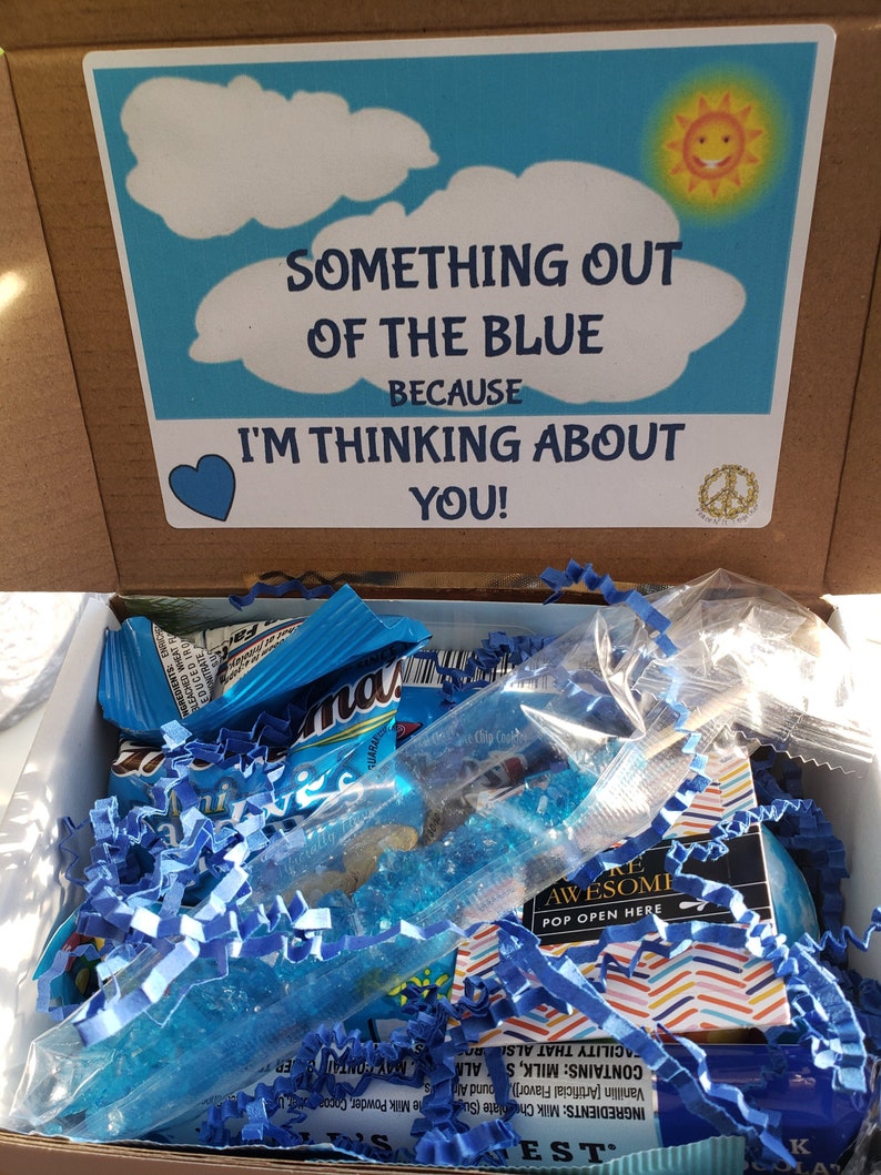 18 College Care Packages for Guys That Will Instantly Light Up His Day 9 Something out of the Blue Because I’m Thinking About You, blue theme college care package for guys