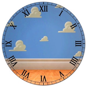 May include: A round clock with Roman numerals and a blue sky background with white clouds. The clock face has a white baseboard and a wood floor.