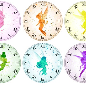 May include: Six watercolor clocks with a fairy silhouette on each. The clocks are in different colors: pink, orange, yellow, green, blue, and purple.