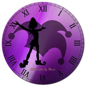 May include: A purple clock face with Roman numerals and a silhouette of a jester in the center. The text "Silhouettes by Marie" is at the bottom of the clock face.
