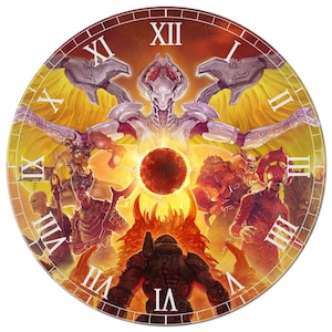 May include: A clock face with Roman numerals and a depiction of a demonic figure with wings, surrounded by other demonic figures. The background is a fiery orange and yellow.
