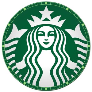 May include: A green circle with a white siren logo inside. The siren has a crown on her head and a star above her. The circle has a white outline with green dots.