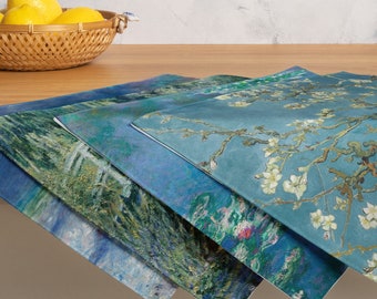 Impressionist Blues - Set de table (lot de 4) Renoir, Van Gogh, Monet - Décoration de table élégante, cadeau Cottagecore, fleurs d'amandier