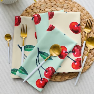 Red Cherries - Vintage Style Illustration - Cloth Napkins (Set of 4) Retro Kitchen Dining Hostess Gift 1950s