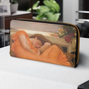 Flaming June Kunst-inspirierte Kunstleder Brieftasche (8 "x4" ) Maximalist Moderne Mode Accessoire Geschenk Orange Gold Reißverschluss
