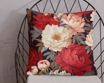 Blooming Peonies - Dark Cottagecore Accent Pillow (18"x18") Red White Botanical Floral Maximalist Decor