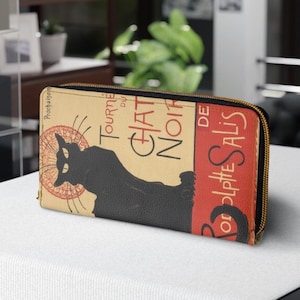 Le Chat Noir - Gato preto - Ilustração de pôster vintage Carteira de couro sintético (4"x8") Vegan Gold Zipper Viagem Presente para amantes de gatos Francês