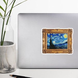 Van Gogh&#39;s Starry Night with Ornate Gold Frame - Bubble-Free Sticker 4&quot;x5.5&quot; - Laptop or Car Decal