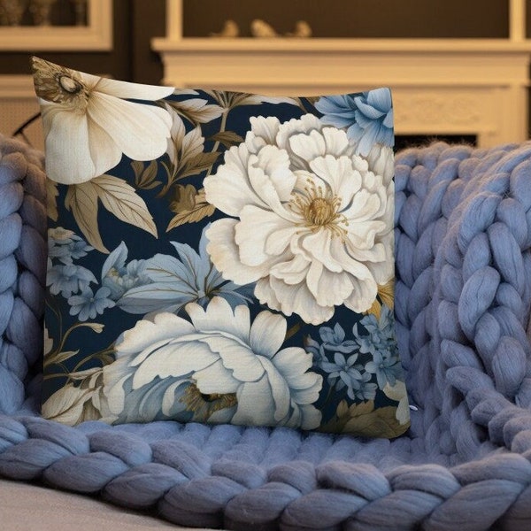 Navy Botanical Peony Accent Pillow 18"x18" Housewarming Christmas Bridal Shower Gift Unique