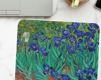 May include: A mousepad featuring a vibrant painting of blue irises with green leaves and yellow flowers. The painting is reminiscent of the style of Vincent van Gogh.