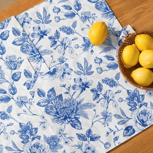 Botanical Chinoiserie Fabric Placemats (Set of 4) Blue White Floral Cottagecore Tableware Linens Tablescape