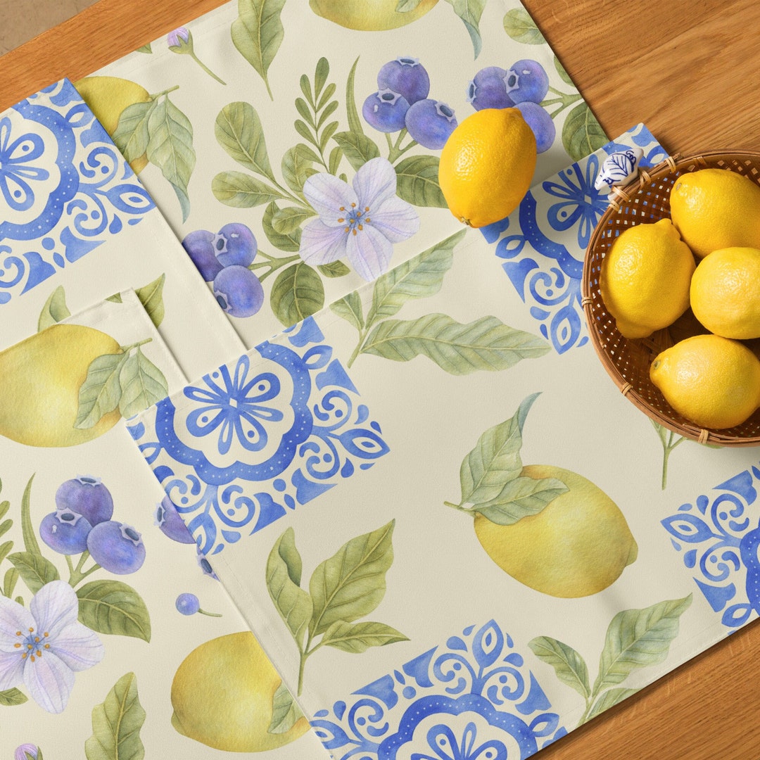 Botanical Lemons & Blueberries Placemat Set of 4 Blue/yellow Coastal